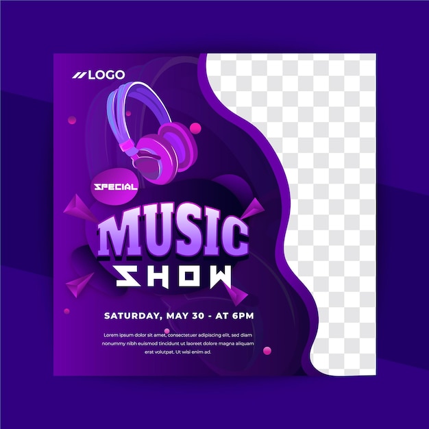 An event poster for music show with a purple background