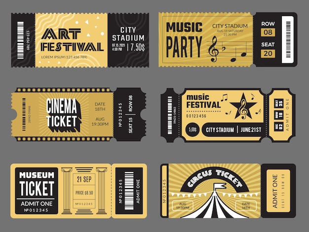 Vector event tickets. entrance entertainment tickets to theatre cinema kids party soccer music concert recent vector design templates collection. illustration entertainment event ticket, concert admission