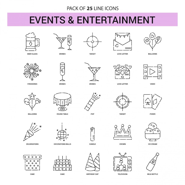 Vector events and entertainment line icon set - 25 dashed outline style