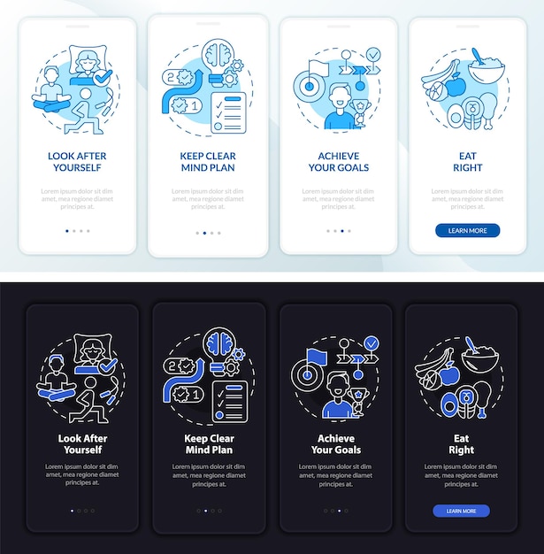 Evenwichtig leven nacht- en dagmodus onboarding mobiele app-scherm