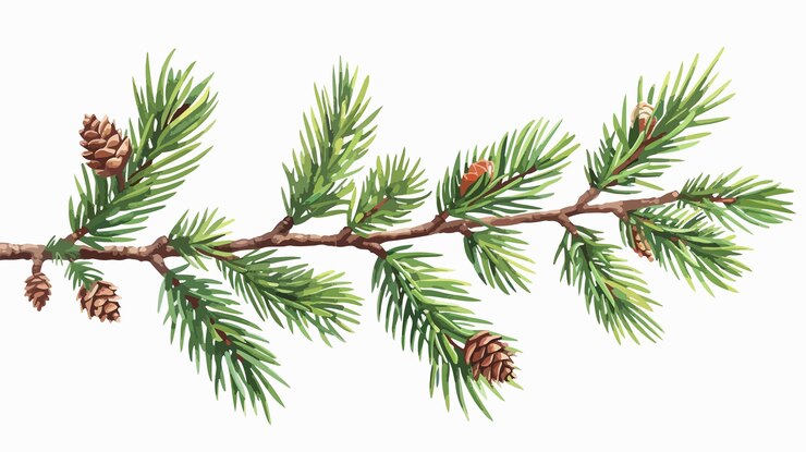 Vector evergreen fir tree branch with green needles twig closeup