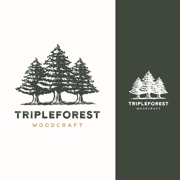 evergreen pine cedar cypress larch pinus boom bos vintage retro hipster handgetekend logo ontwerp il