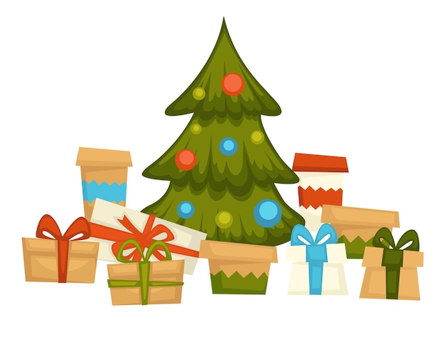 Evergreen pine tree decorated with garlands and baubles with presents in boxes. tradition of gift giving on xmas. spruce with glittering balls, celebration and festive mood. vector in flat style