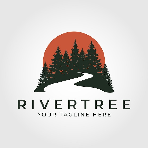 Vettore pini sempreverdi e fiume con disegno del logo vettoriale sullo sfondo del tramonto