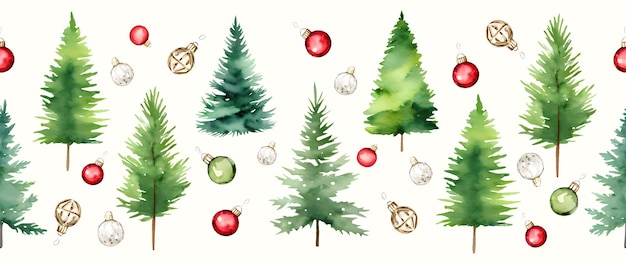 Evergreen trees with ornaments seamless border vector ribbons design