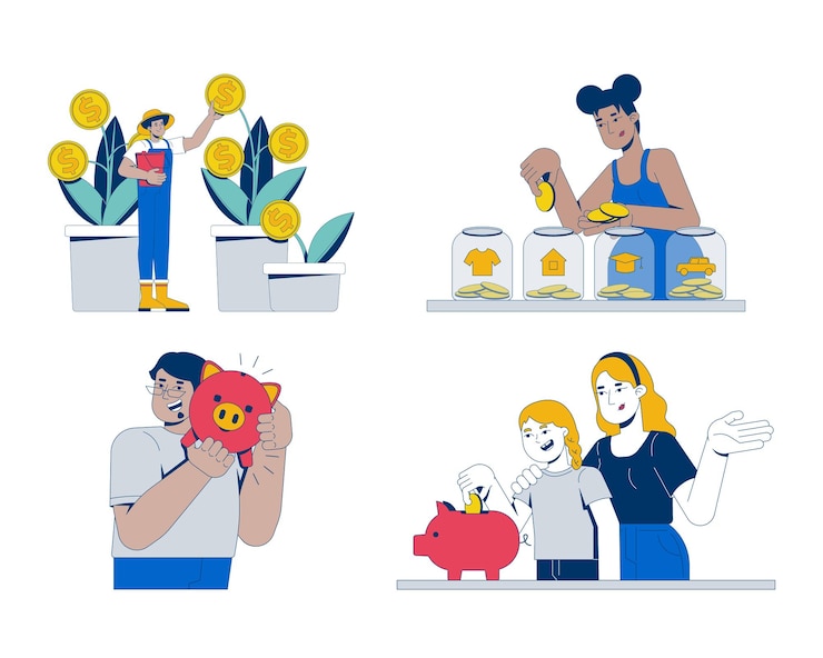 Vector everyday budgeting and saving habits 2d illustration concepts set
