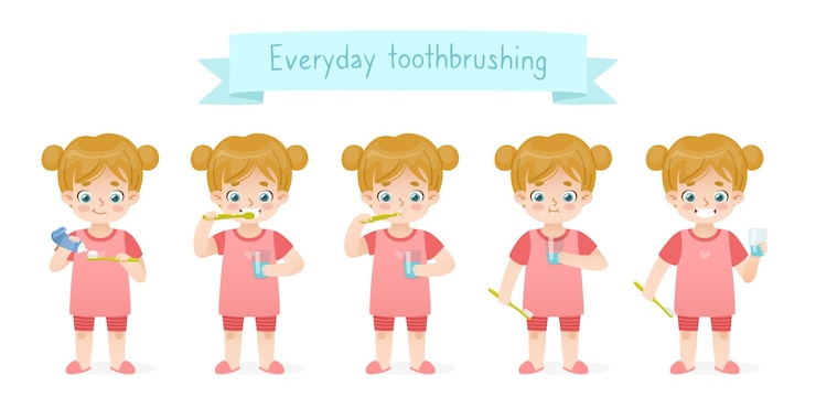 Vector everyday toothbrushing set with cartoon baby girl dental hygiene for kids cute child brush her teeth