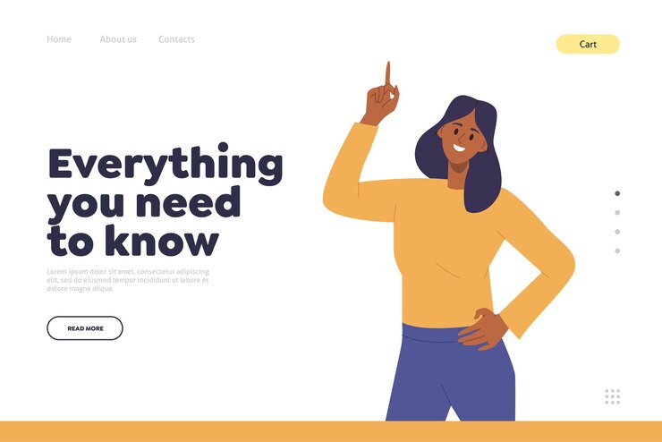 Vector everything you need to know landing page design template young happy smiling with woman cartoon character pointing forefinger upward indicating importance of information or offer vector illustration
