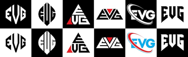 Evg letter logo design in six style evg polygon circle triangle hexagon flat and simple style with black and white color variation letter logo set in one artboard evg minimalist and classic logo