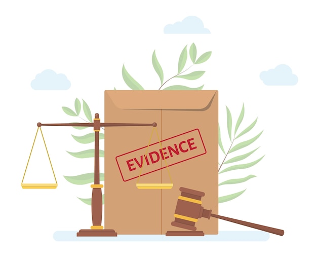 Vector evidence document with paper and scale gavel with modern flat