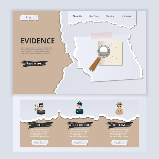 Evidence flat landing page website template thief police officer detective web banner with header