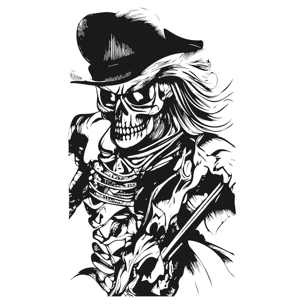 Vector evil cowboy skull tattoo hand drawn vector black and white clip art