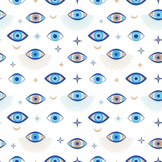 Evil eye seamless pattern. Magic talisman and occult symbol. Greek ethnic blue, white and golden third eyes. Flat vector abstract wallpaper. Talisman eye amulet seamless wallpaper illustration