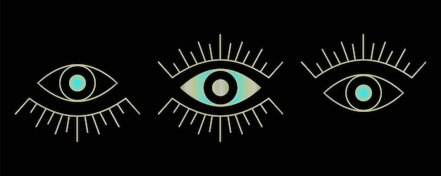 Evil eye set with three blue and golden open eyes Mystical talisman Vector illustration