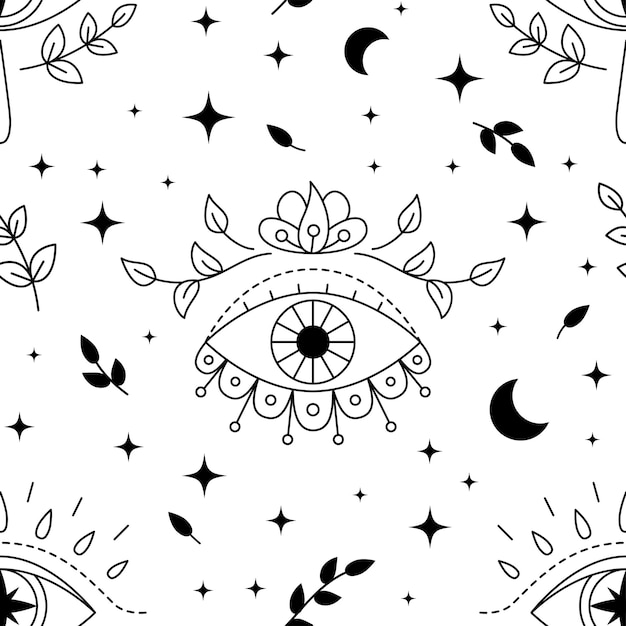 사악한 눈 원활한 패턴 라인 아트 다양한 부적과 꽃 요소 보호 평면 디자인 흑백 디자인