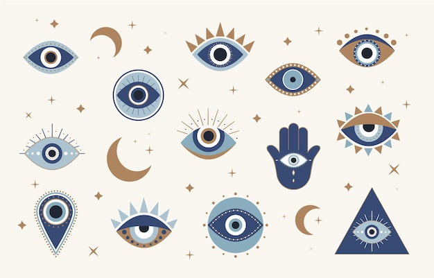 Vector evil eyes. set of hand-drawn various symbol shapes. flat design freehand bohemian minimalist vector