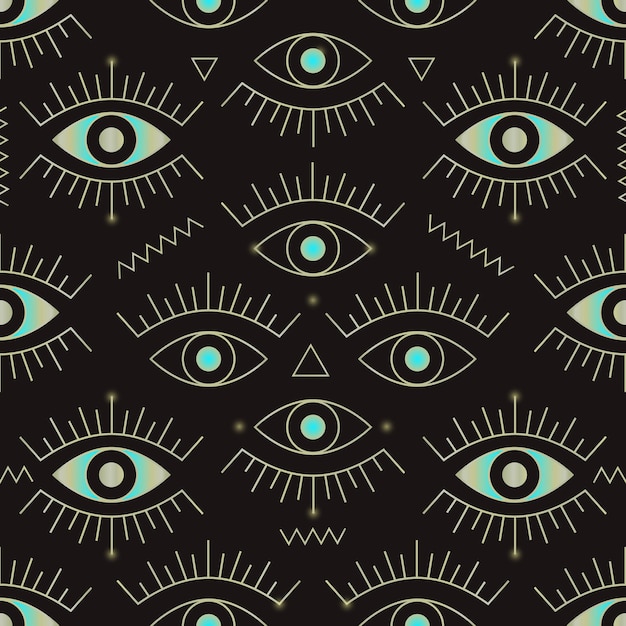 Evil eyes and zigzags on black background Seamless pattern with esoteric ptotection symbols