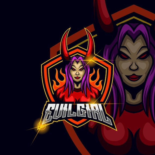 Злая девушка дьявол киберспорт логотип дизайн шаблона векторные иллюстрации