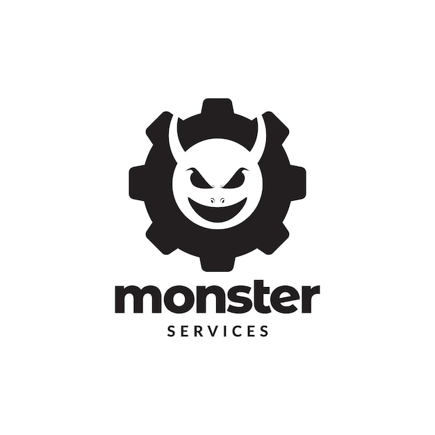 Vector evil monster head with gear service logo design vector graphic symbol icon illustration creative idea