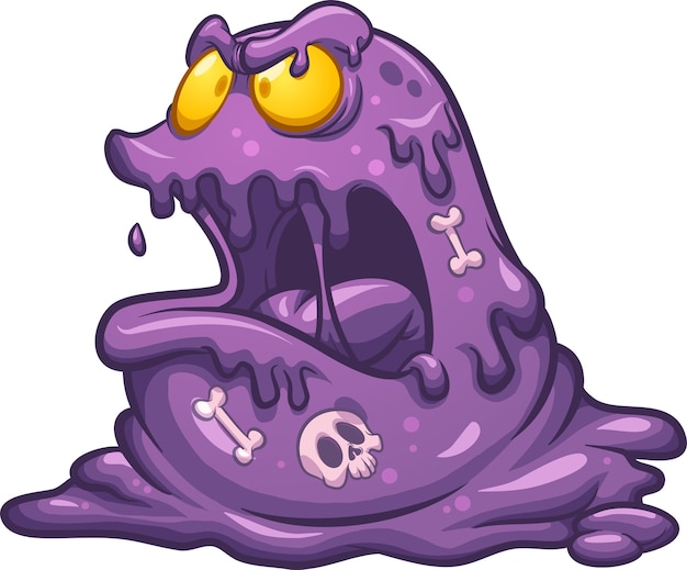 Vector evil purple cartoon slime monster with digested bones inside