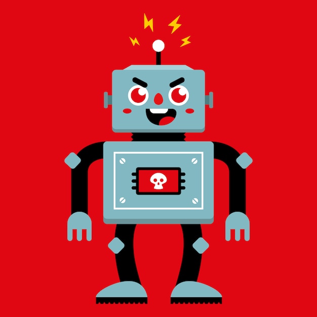 An evil robot that has broken. bad behavior. Flat character vector illustration.