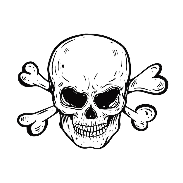 evil skull and bones hand drawn black color vector illustration engraving retro sketch isolated on w...
