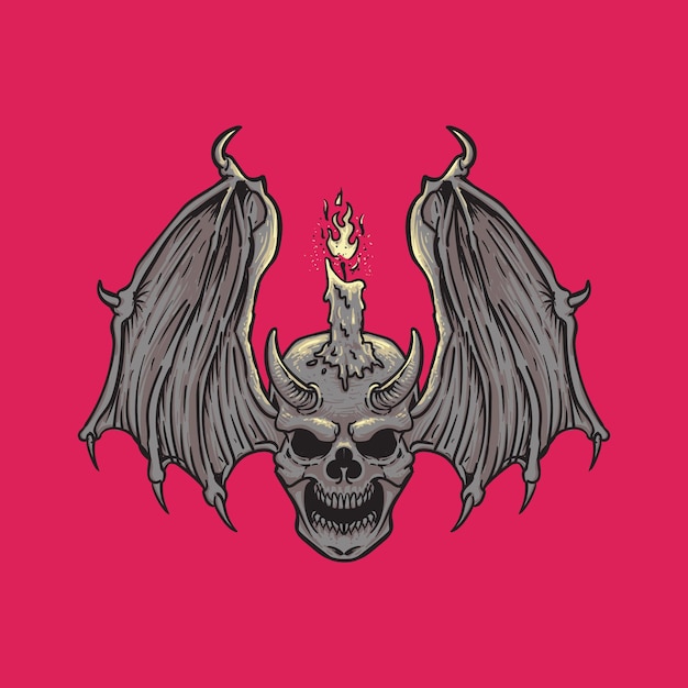 Vector evil skull with bat wings and horn and candle illustration