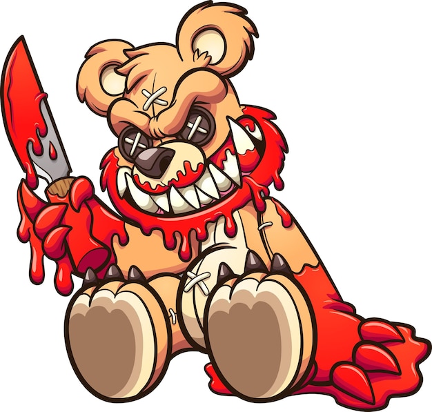 Vector evil teddy bear covered in blood and holding a knife