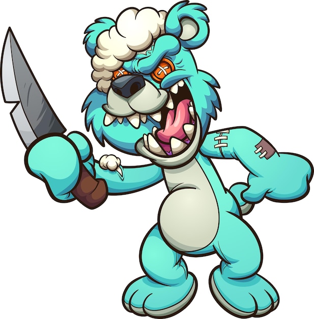 Evil Teddy bear laughing and holding a knife