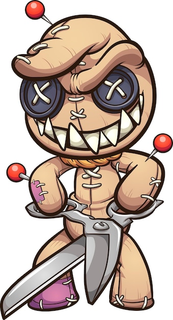 Evil voodoo doll with a big smile holding a pair of scissors