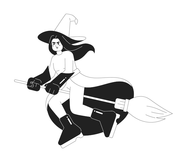 Evil witch on broom monochromatic flat vector character Editable full body enchantress with long silver hair and green skin on white Simple bw cartoon spot image for web graphic design