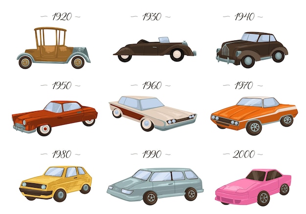 Vector evolutie van auto's, geïsoleerde vintage en retro auto's uit de jaren 20 en 30, 40 en 50, 60 en 70. ontwikkeling en klassiek design van voertuigen, transport jaren 80 en 90. vector in vlakke stijl