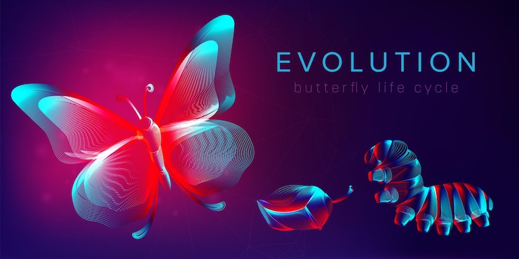 Vector evolution of a butterfly life cycle horizontal banner. 3d vector illustration with abstract stereo neon silhouettes of insects: caterpillar, pupa and butterfly. metamorphosis concept in line art style