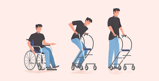 Evolution of disabled man patient sitting in wheelchair