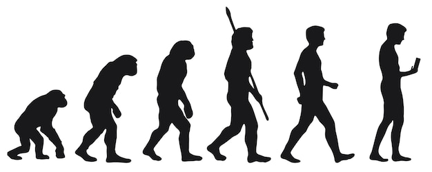 Evoluzione dell'umano al cellulare silhouette con le diverse fasi dell'evoluzione illustrazione vettoriale di darwin