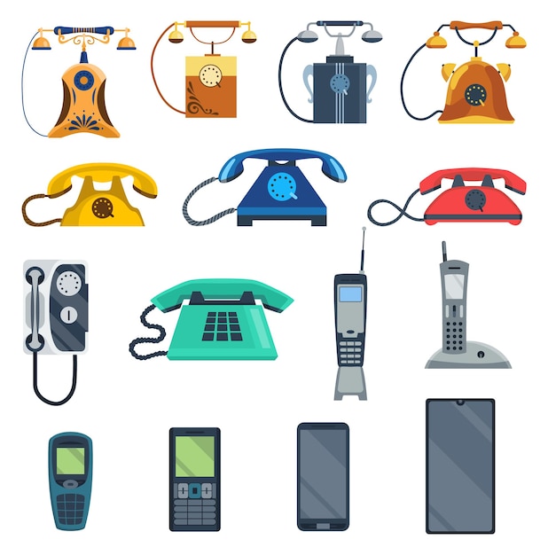 Evoluzione del telefono dispositivi di comunicazione dal telefono classico al moderno smartphone radiotelefono e cellulare di antica tecnologia analogica gadget di diverse generazioni