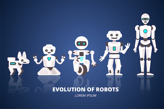 Evolution of robots stages of androids development flat illustration