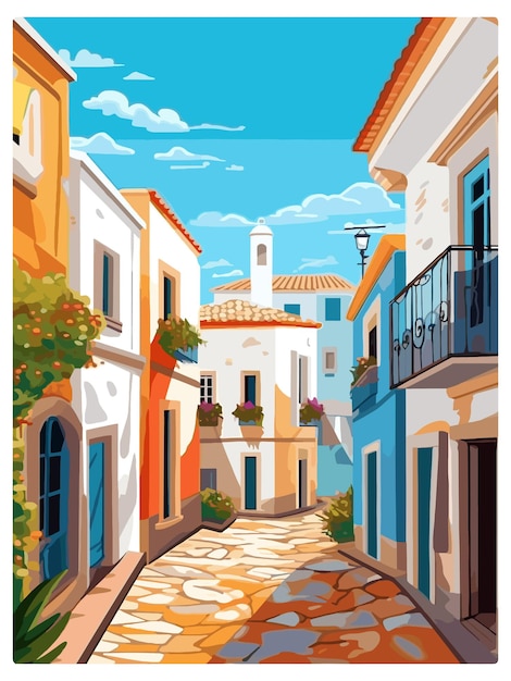 Evora Portugal Vintage reisposter Souvenir postkaart Portret schilderij WPA illustratie