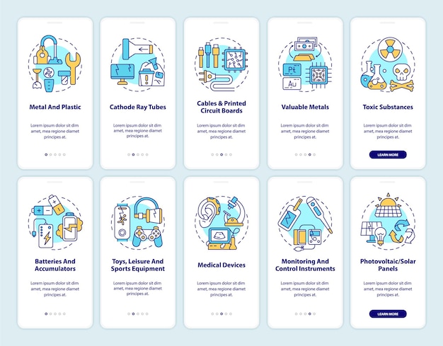 Ewaste reprocess onboarding mobile app page screen with concepts set. components, categories walkthrough 5 steps graphic instructions.