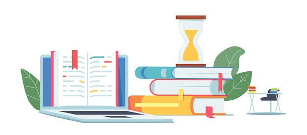 オープンテキスト、本の山と学生の机の上の砂時計スタンドで試験準備の概念。勉強、学校、大学または大学の部屋のための教室のインテリアのもの。漫画のベクトル図