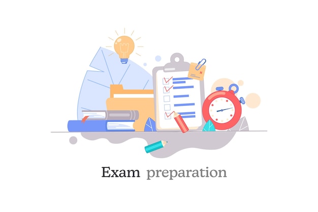 Vector exam preparation school test exam concept checklist and stopwatch choice of answer education