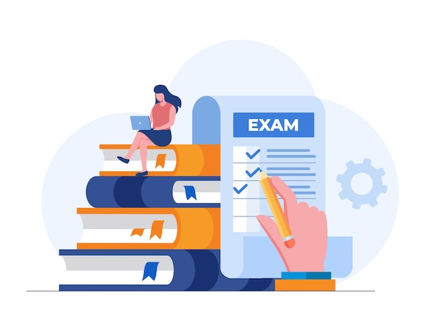 Examen concept examen online test antwoord checklist student collage platte illustratie vector banner