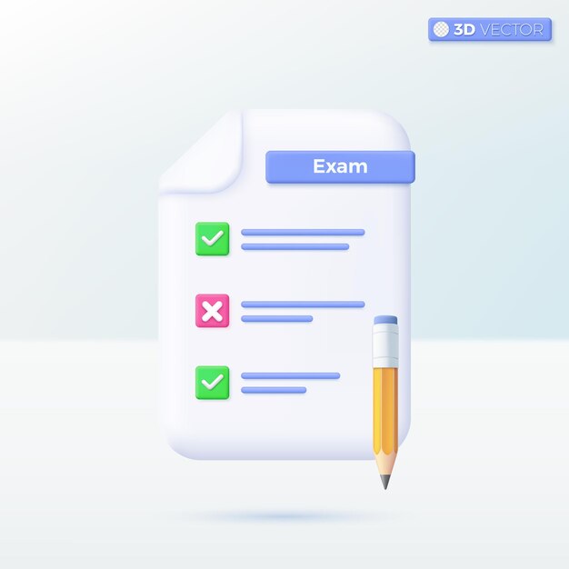 Examen papieren checklist met potlood icoon symbolen snel werken aan projectplan snelle voortgang concept 3D vector geïsoleerde illustratie ontwerp Cartoon pastel Minimale stijl Voor ontwerp ux ui print advertentie