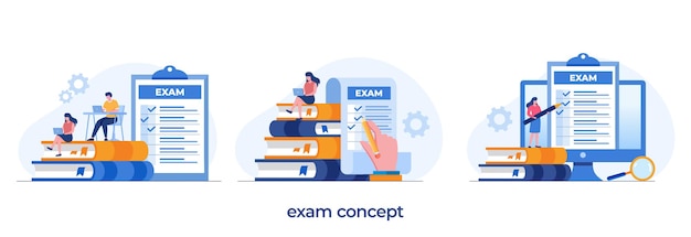 Examenconcept, onderzoek, test, antwoord, checklist, platte illustratie vectorsjabloon