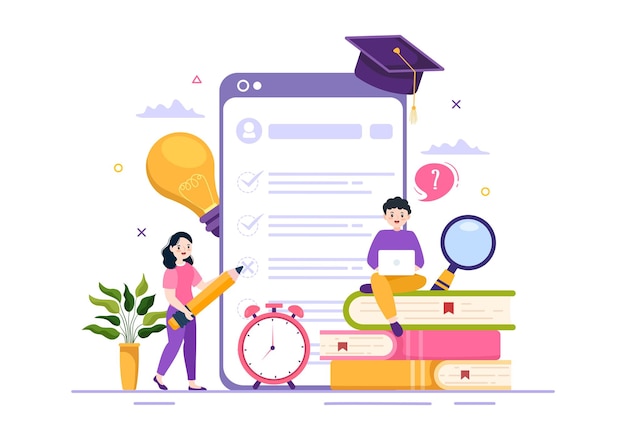 Examenpapier illustratie met formulierpapieren of internetquiz in cartoon handgetekende sjablonen