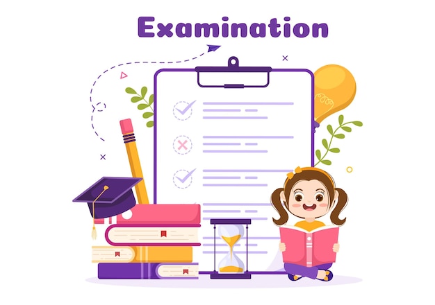 Examination paper illustration with form papers or internet quiz in cartoon hand drawn templates