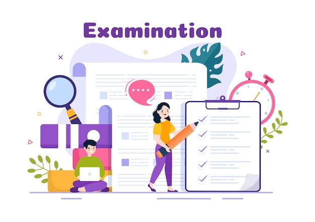 Examination Paper Illustration with Form Papers or Internet Quiz in Cartoon Hand Drawn Templates