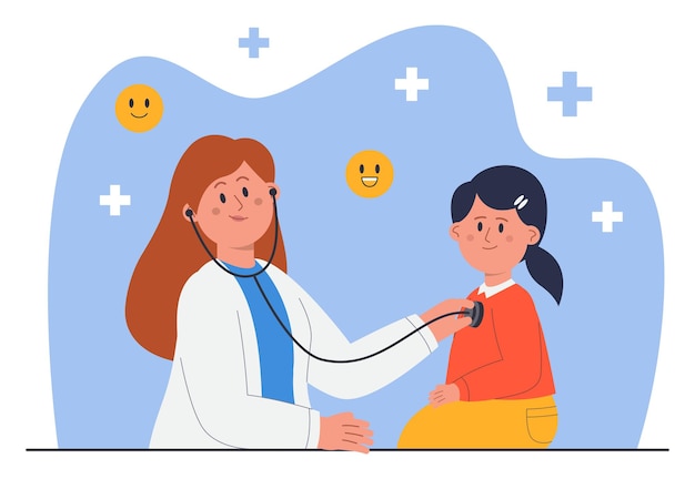 Vector examination of sick girl by doctor pediatrician in hospital. female medic specialist holding stethoscope and smiling flat vector illustration. pediatrics, medical checkup in clinic, medicine concept