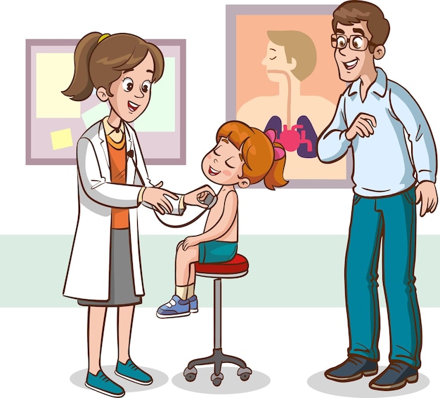 Vector examination of sick kids by doctor pediatrician in hospital