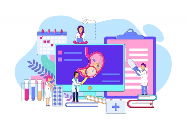 examination stomach on electronic device concept line  illustration. man and woman character in medical coat examining